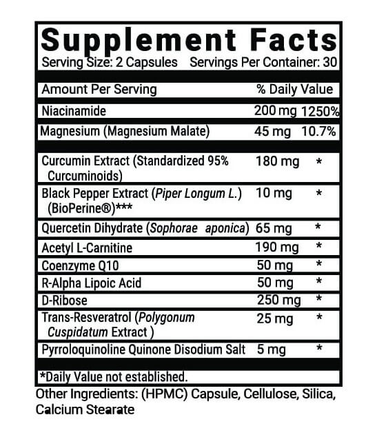 Official Advanced Mitochondrial Formula label with the Supplement Facts panel